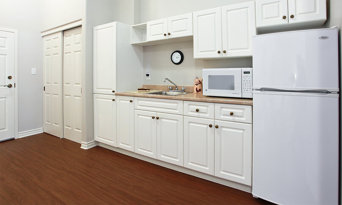 A section of a Kitchen with large fridge, microwave, and storage space