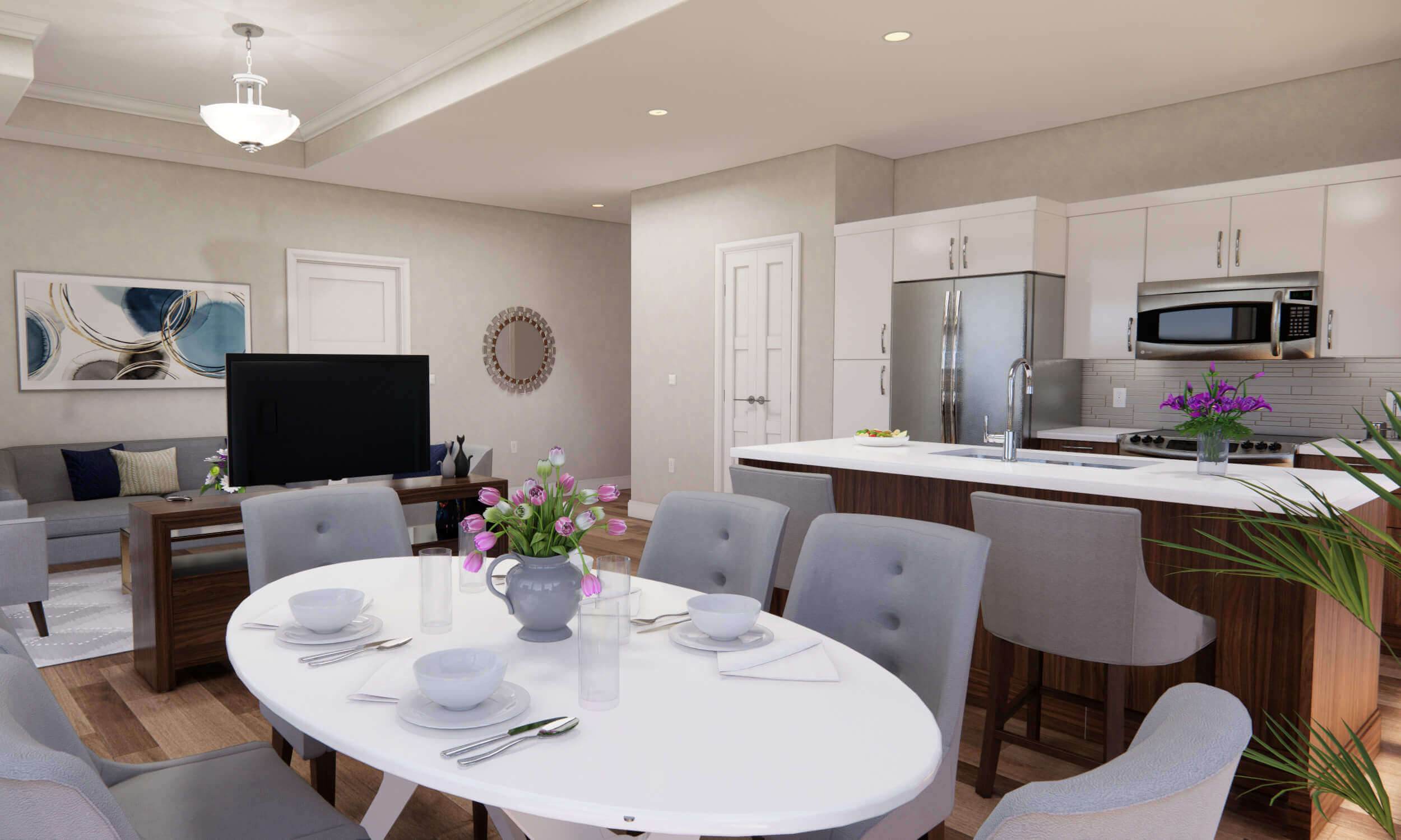 Modern condo with dining table for six guests, couch and television area, and kitchen with island 