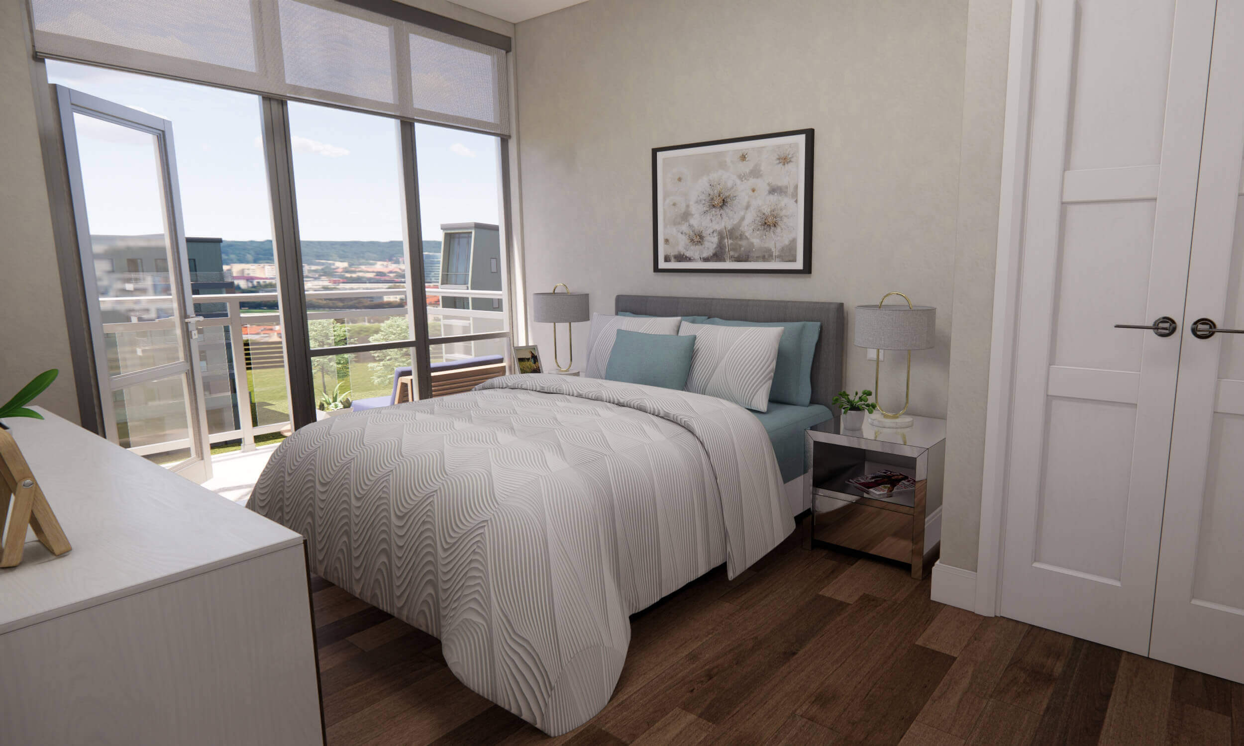 Bedroom with white bed beside large window and side table