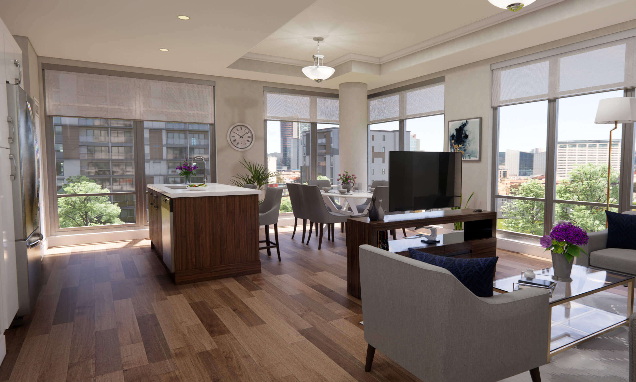 Modern-looking suite with kitchen and island, living room and dining room