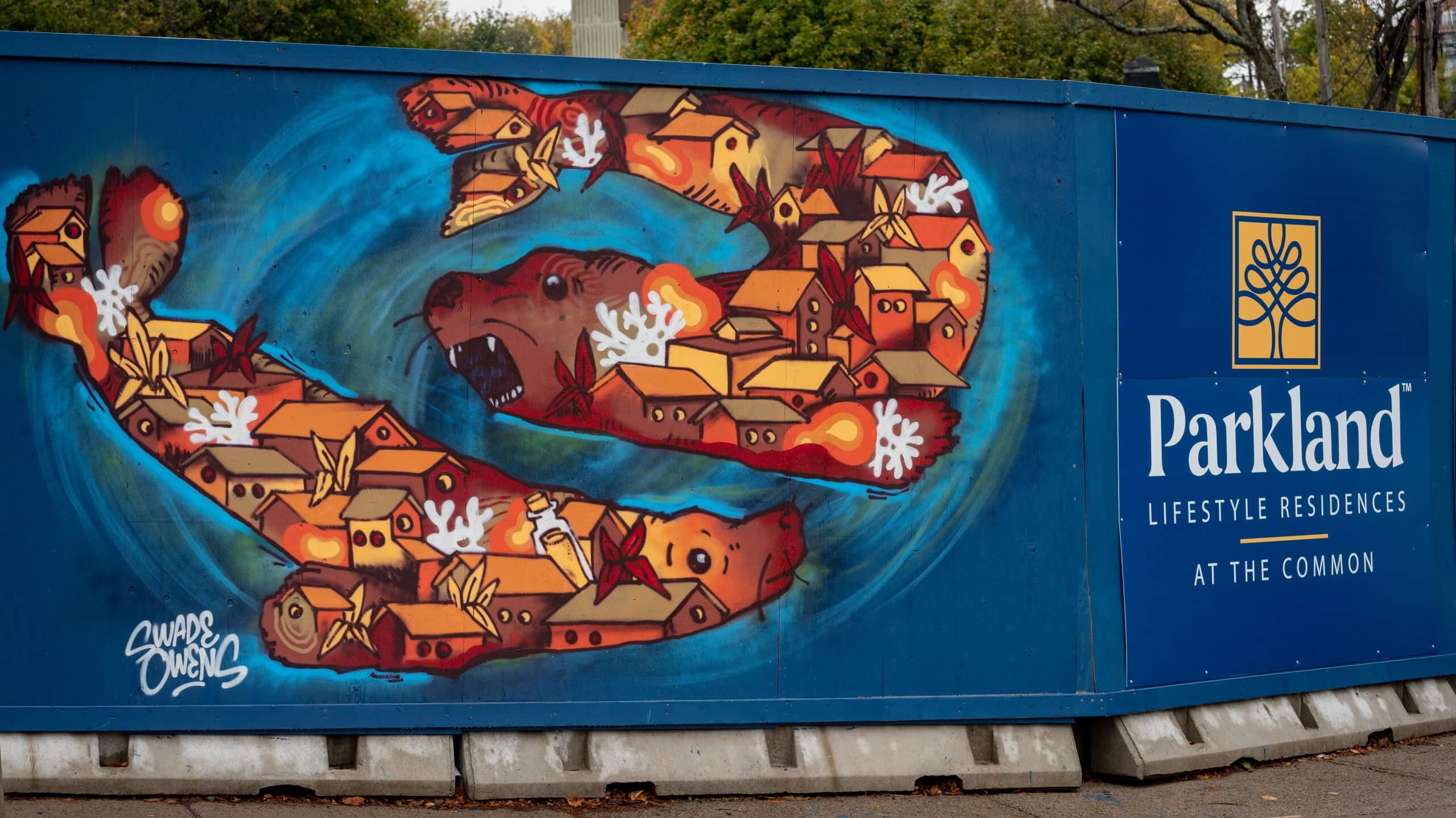 Parkland outdoor mural with blue and orange art